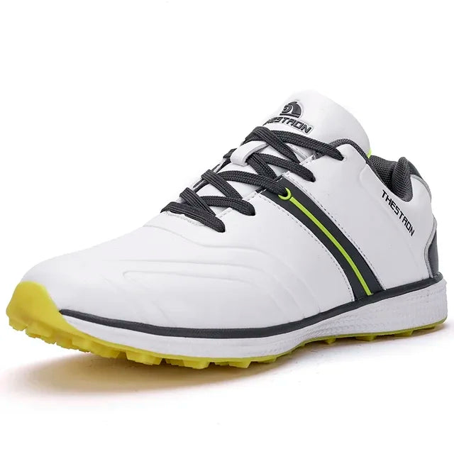Athletic men's waterproof golf shoes. Fixed spike traction provides performance & stability on the golf course.