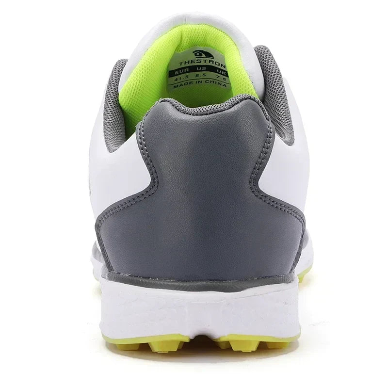 Black men's waterproof golf shoes featuring fixed spike traction for reliable grip and durable, comfortable play.