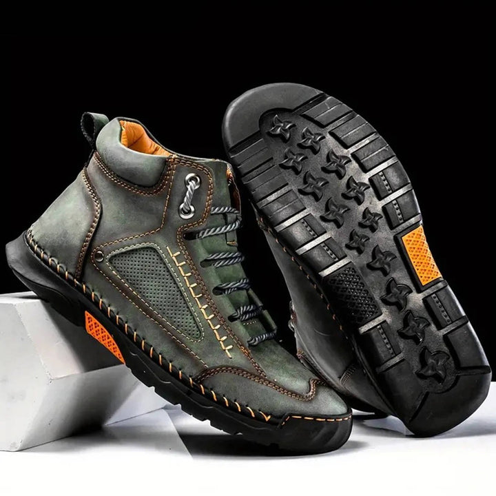 Men's outdoor hiking boots with arch support, paired with adventure gear for ultimate trail readiness.