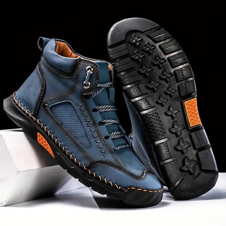 Front view of men's hiking boots, highlighting their waterproof construction and sturdy outdoor design.