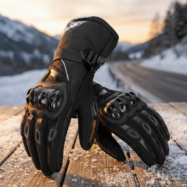 Men's waterproof insulated winter motorbike gloves for cold weather riding, offering warmth and protection.