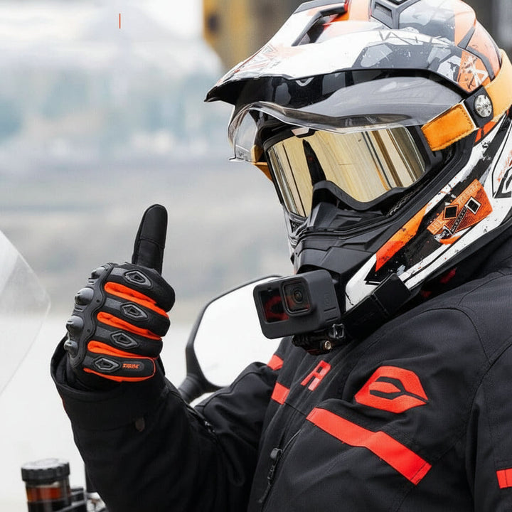 Men's protective motorcycle gloves with carbon protection, waterproof and insulated for safe winter riding.