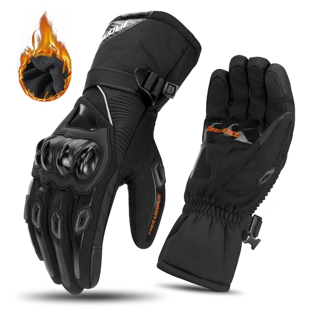 Touchscreen-compatible men's winter motorcycle gloves, waterproof and insulated, essential riding gear for cold weather.