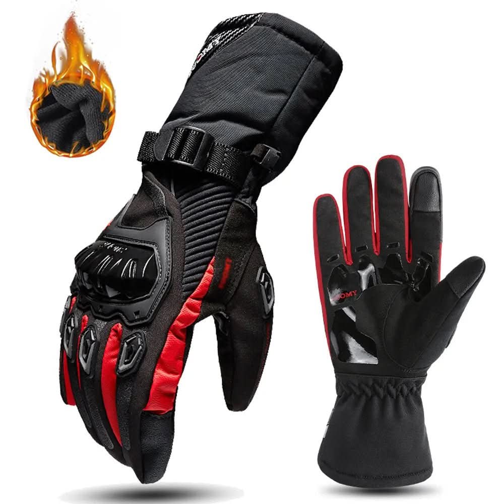 Men's waterproof insulated winter gloves providing superior protection and warmth for motorbike riding in cold conditions.