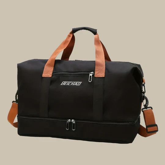 Stylish men's weekend travel bag, carry-on size with waterproof material & shoe compartment.