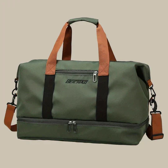 Practical men's carry-on duffel bag for travel, gym & sports. Includes a separate shoe compartment.