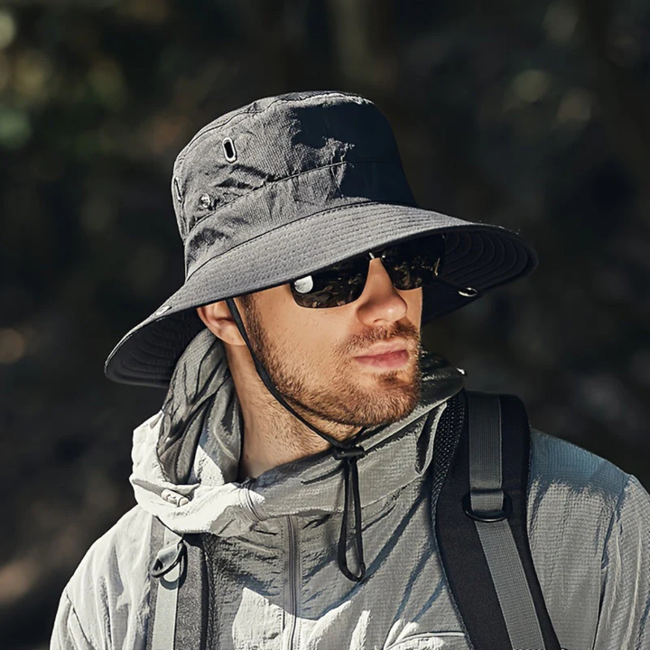 Men's wide brim sun hat for ultimate outdoor UV protection. Ideal for hiking, fishing, and beach activities.