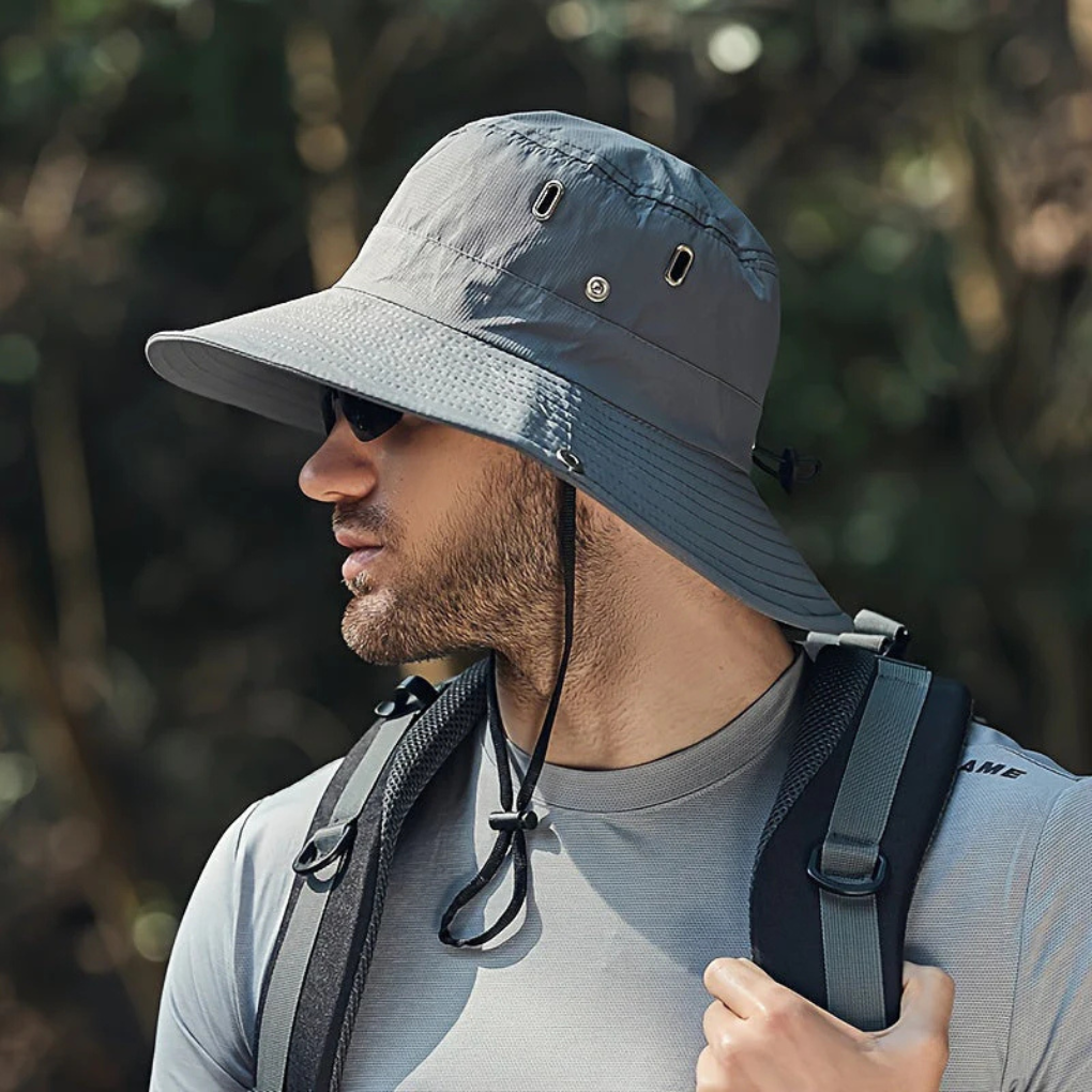 Durable men's wide brim sun hat with UV protection. Perfect headwear for outdoor activities like hiking and fishing.
