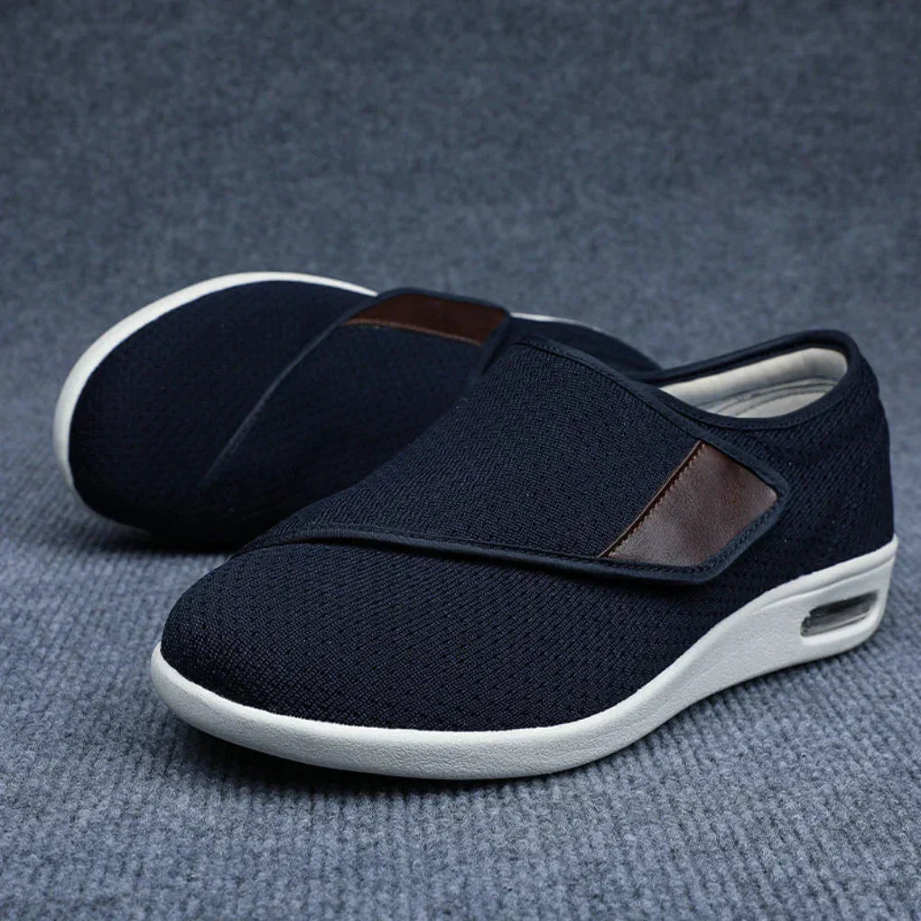 Black men's comfort wide diabetic walking shoes. Designed for sensitive feet, foot pain relief & support.