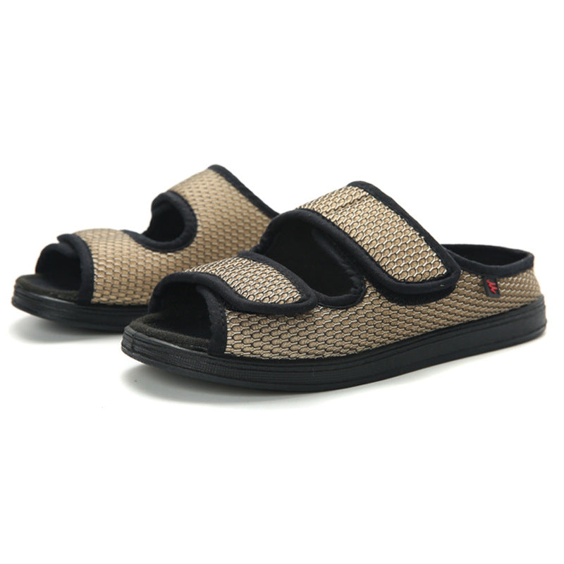 Adjustable men's wide fit slip-on shoes with hook-and-loop closure. Breathable mesh for casual walking.