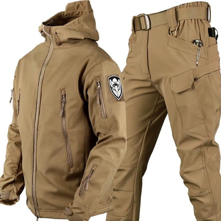 Close-up of men's tactical windproof waterproof jacket from outdoor set. Essential hiking & adventure gear.
