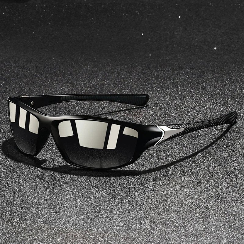 Wraparound men's polarized sunglasses providing superior UV protection for active outdoor lifestyles.