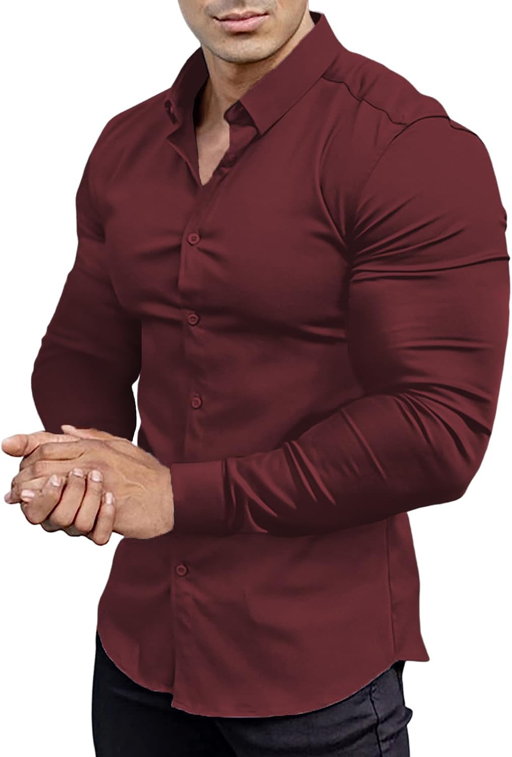 Men's long sleeve slim fit dress shirt. Wrinkle-free, ensuring a neat, sharp look from day to night.