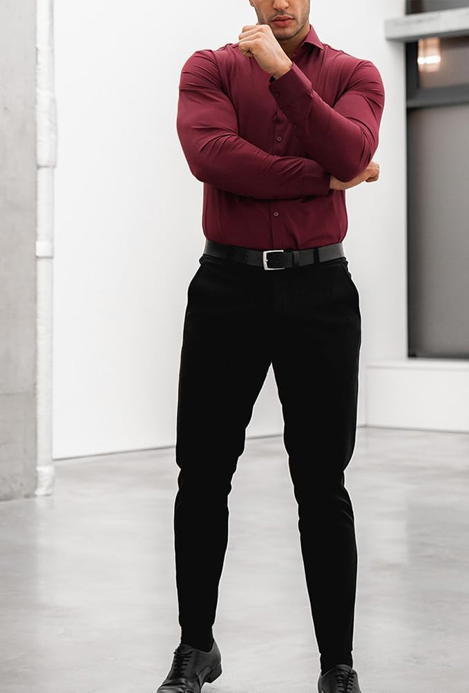 Achieve a sharp look with this men's wrinkle-free slim fit shirt. Versatile for office or dinner.