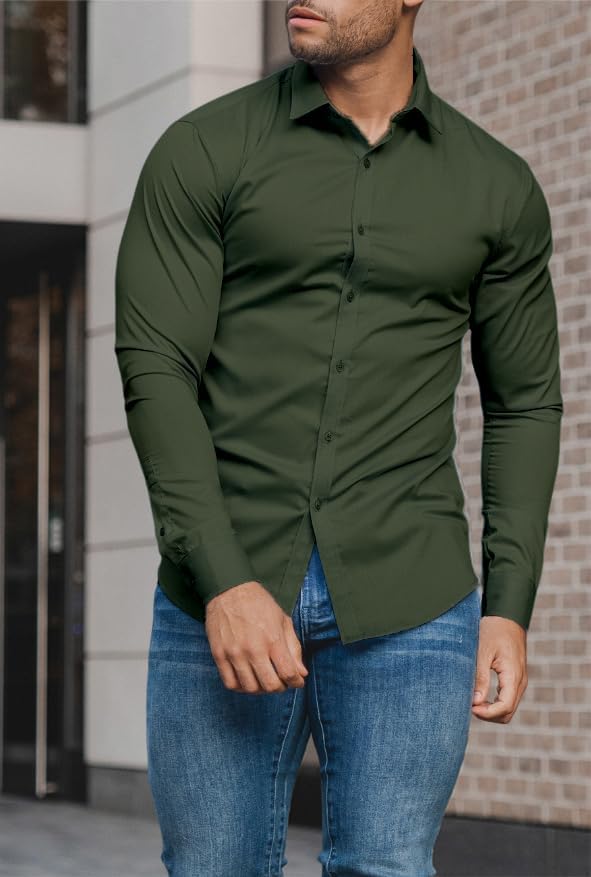 Men's fashion essential: wrinkle-free, slim fit dress shirt. Button-down collar, long lasting neatness.