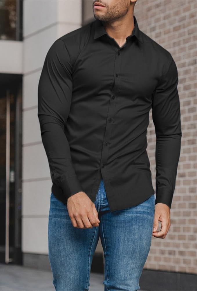 Wrinkle-free technology in a men's slim fit long sleeve dress shirt. Stay sharp with ease.