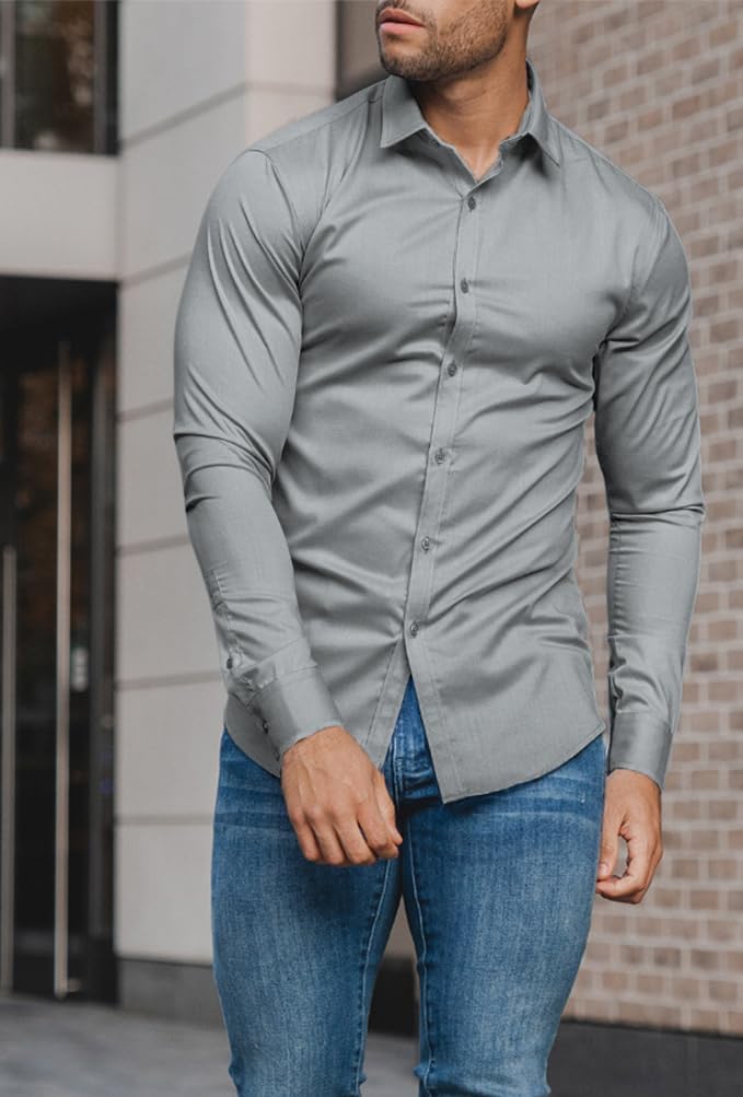 Modern menswear: a wrinkle-free slim fit dress shirt. Button-down, long sleeve, ultimate comfort.