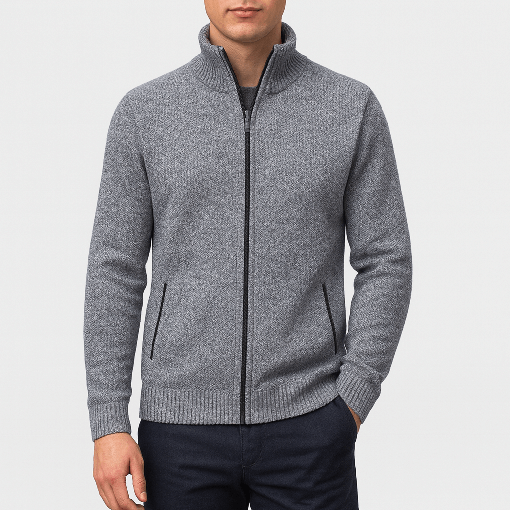 Warm men's zip-collar cardigan, ideal for fall fashion, winter warmth & versatile layering.