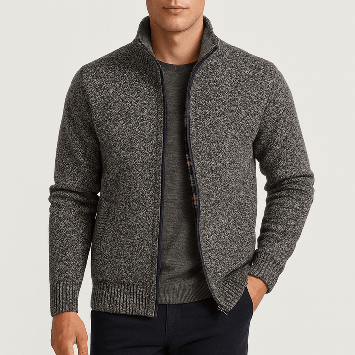 Refined men's zip-collar cardigan, an elegant layering piece for smart casual and everyday comfort.
