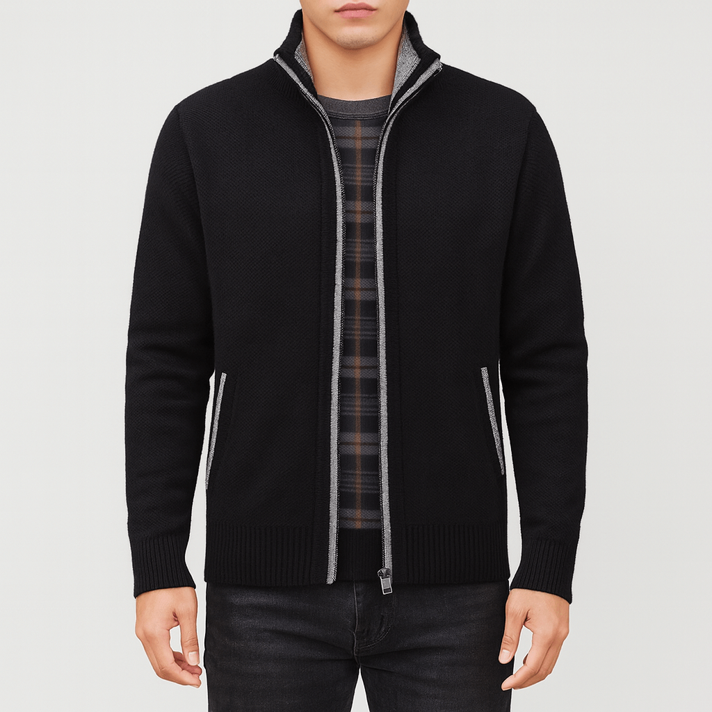 Classic men's zip-collar cardigan, offering comfort & style for fall, winter & versatile wear.