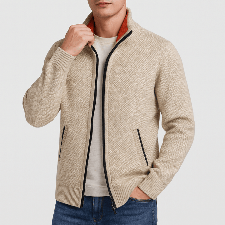 Men's zip-collar knit cardigan, perfect for smart casual & business casual outfits. Versatile fall/winter layering.
