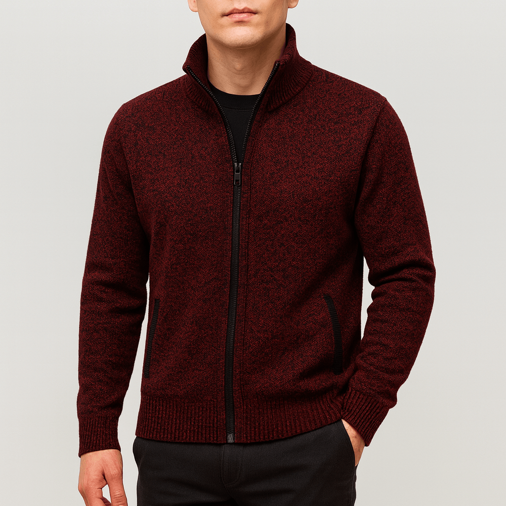 Warm men's knit cardigan with zip collar, a smart casual layering piece for modern fall & winter fashion.