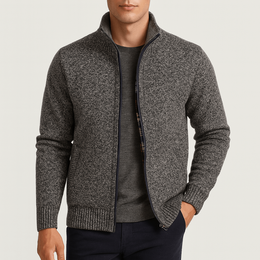 Modern men's zip-collar cardigan, a comfortable & versatile knit sweater for business casual or everyday wear.