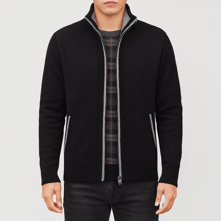 Cozy men's long sleeve knit cardigan with zip collar, essential outerwear for stylish fall & winter layering.
