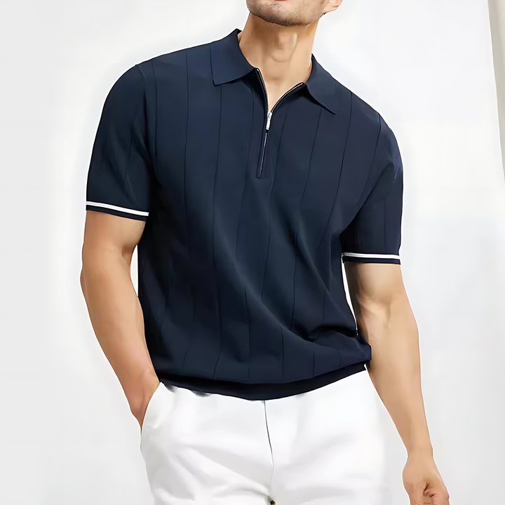 Men's Zip-Neck Ribbed Polo Shirt, tailored style for smart casual wear and everyday comfort.