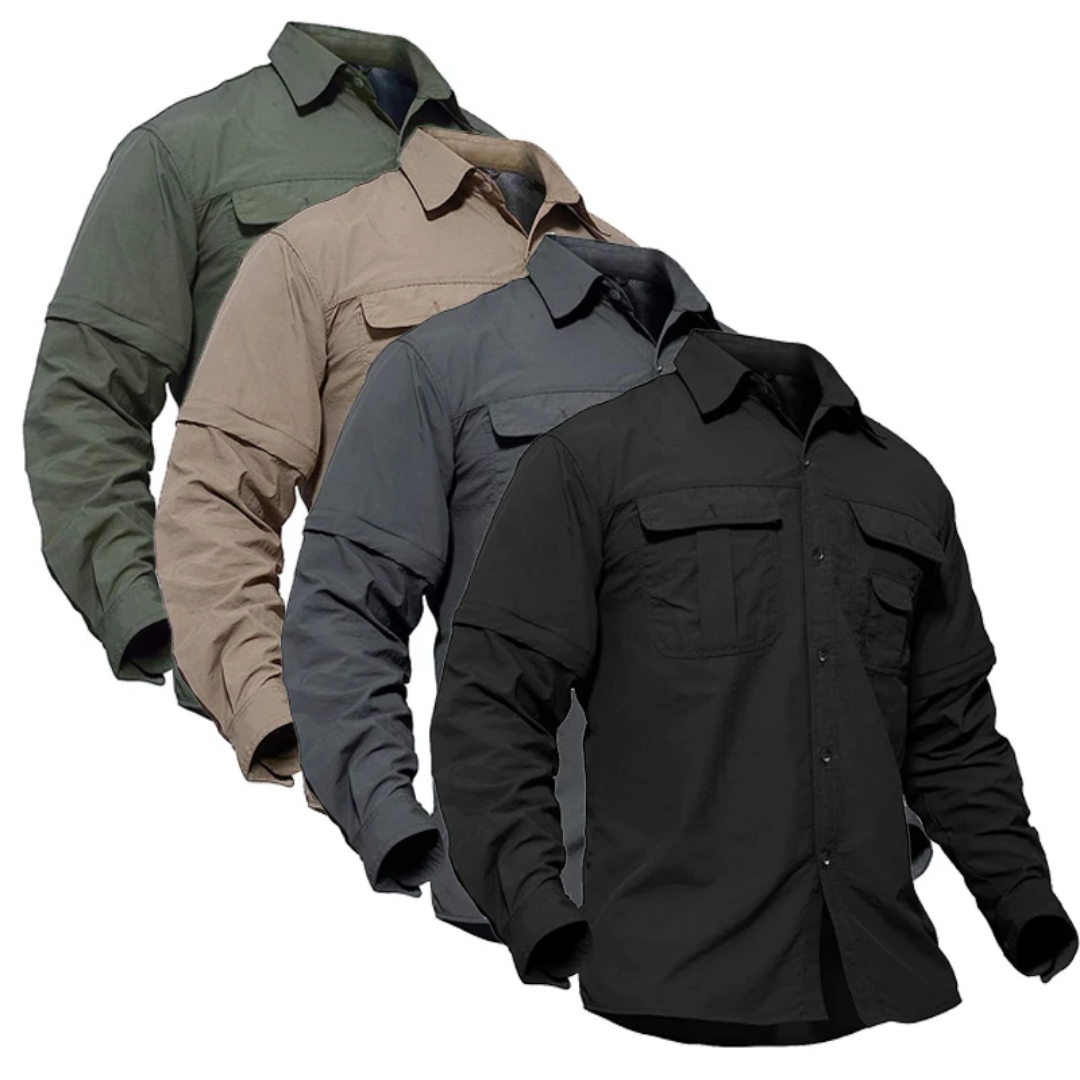 Men's zip-off outdoor shirt for hiking & travel, convertible long/short sleeve, quick-dry, sun protection.