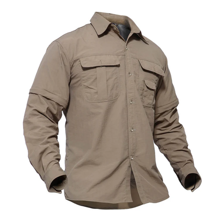 Convertible men's hiking shirt with zip-off sleeves, ideal for camping & travel, quick-dry fabric.