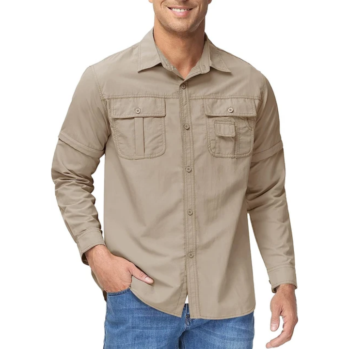 Quick-dry men's outdoor shirt with UPF sun protection & zip-off sleeves, perfect for adventure travel.