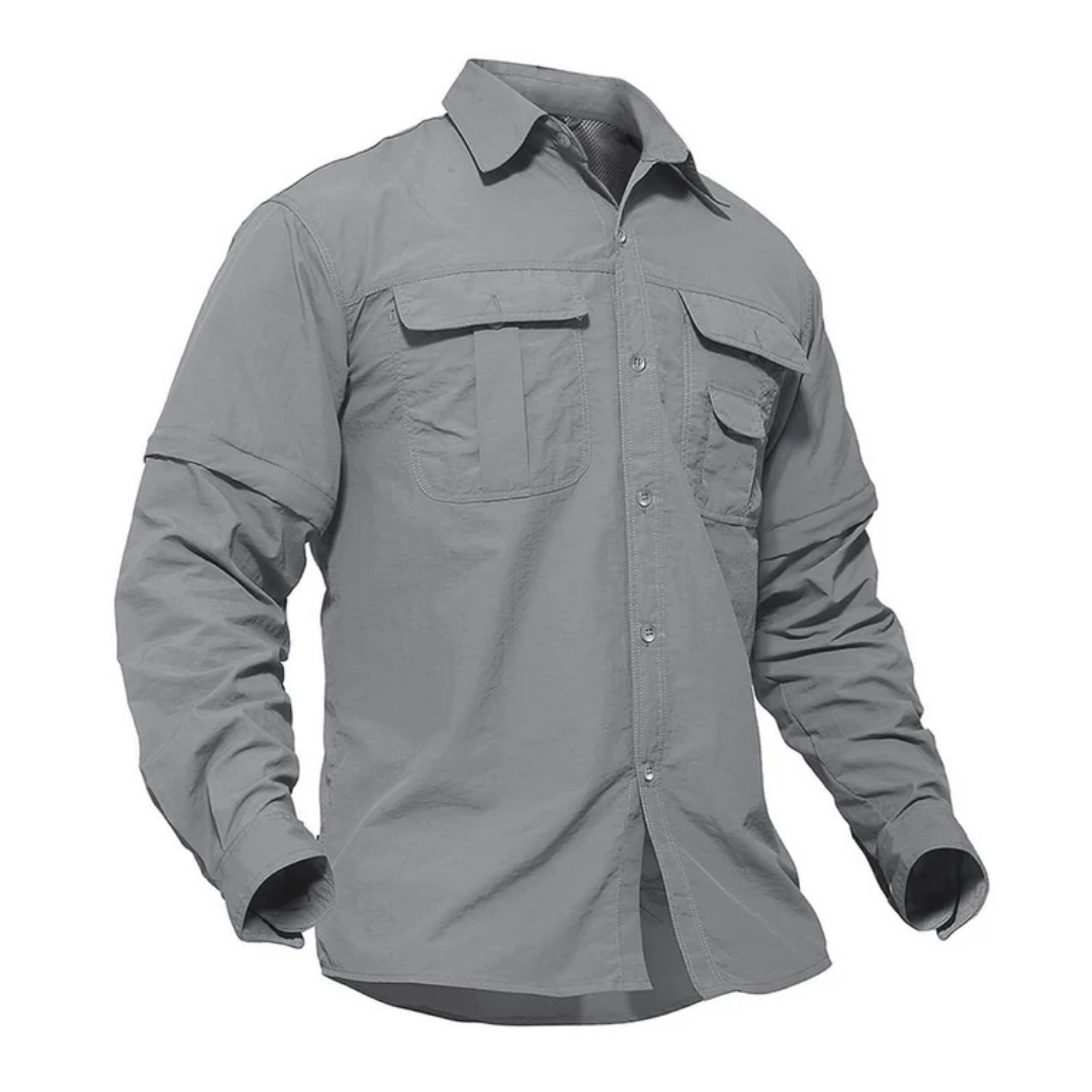 Men's convertible shirt: long sleeve for sun protection, zip-off to short sleeve for hot weather. Adventure ready.