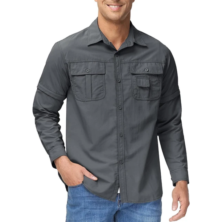 Durable men's outdoor shirt, zip-off sleeves for comfort on hikes & camping trips, quick-dry material.