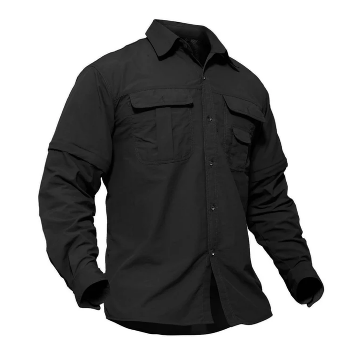 Men's travel shirt with zip-off long sleeves, quick-dry & sun protective, perfect for diverse climates.