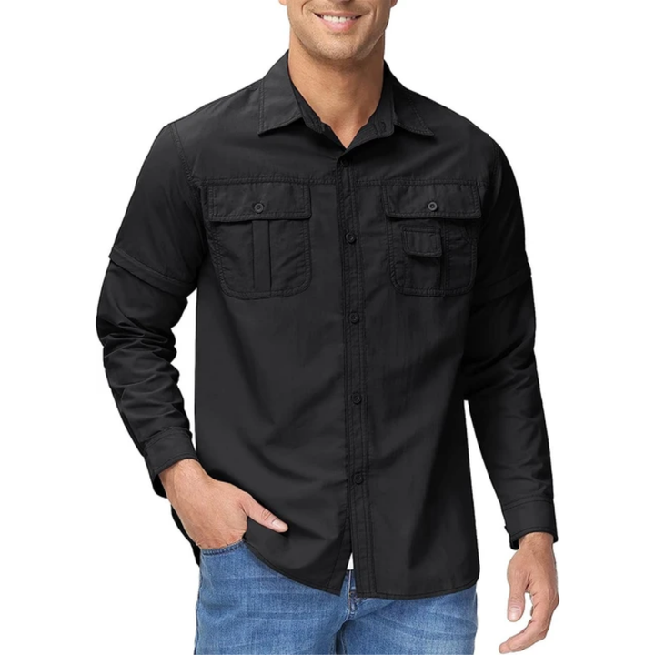 Performance men's adventure shirt: zip-off sleeves, quick-dry for hiking & multi-day outdoor expeditions.