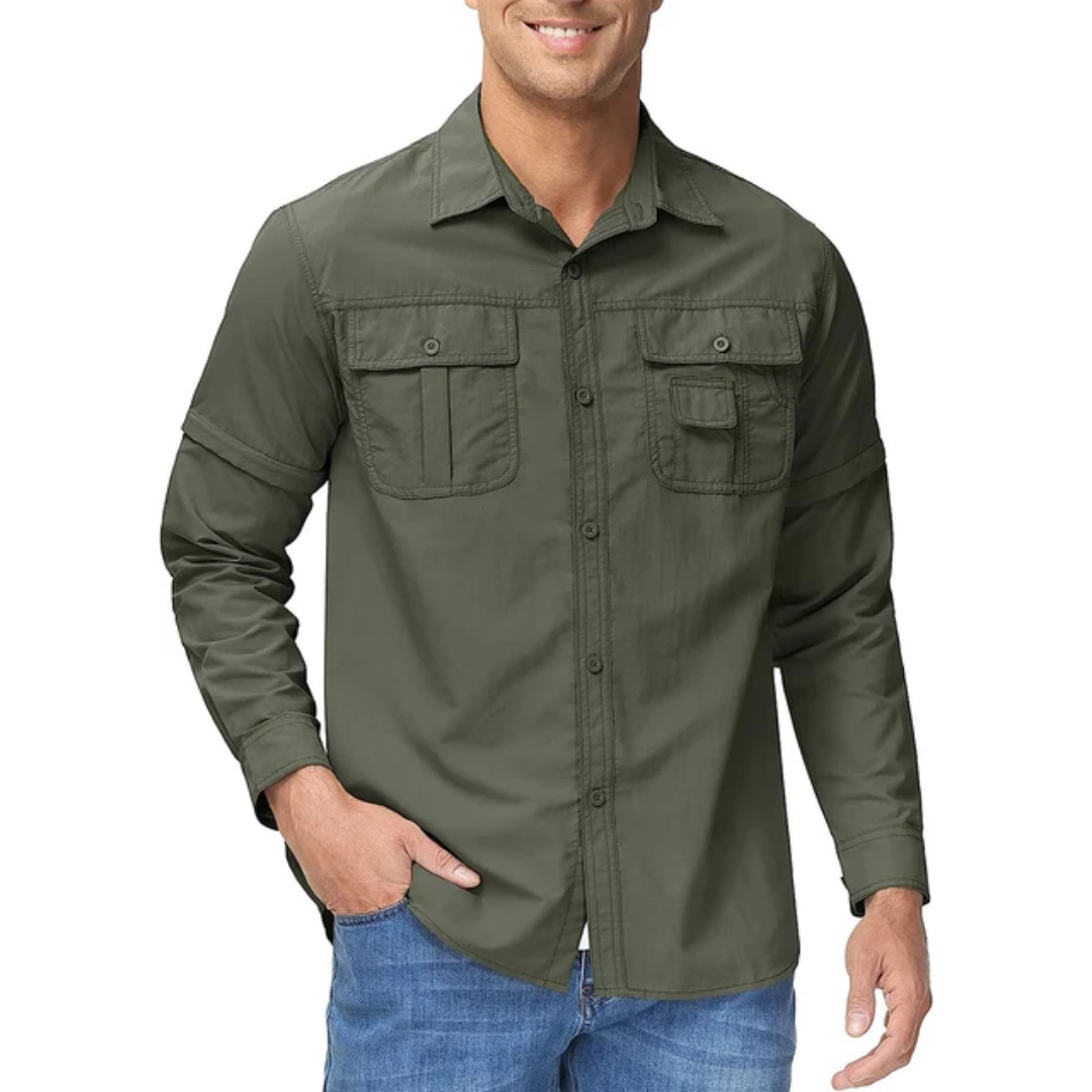 Arvo men's zip-off outdoor shirt for hiking, quick-dry & sun-protective, convertible long to short sleeve.
