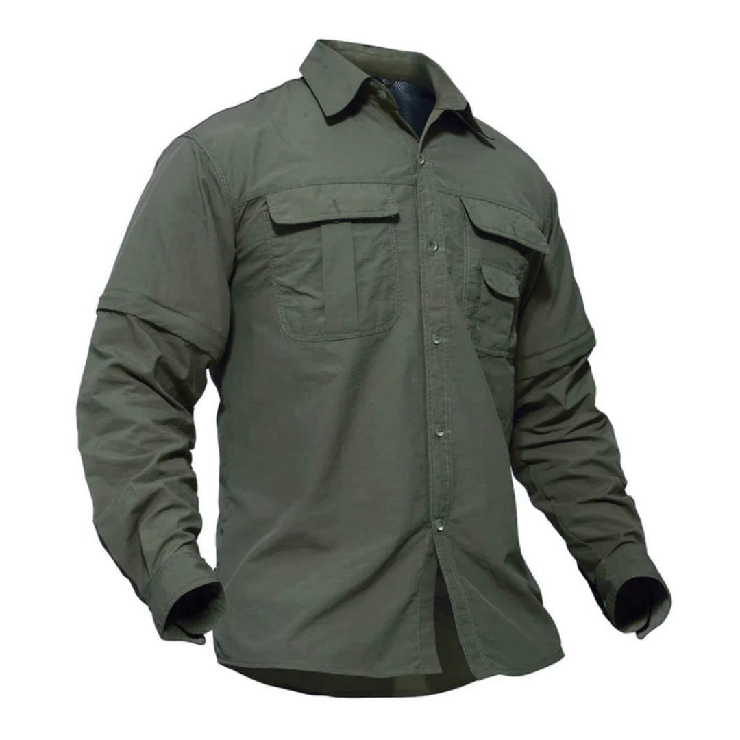 Versatile men's outdoor shirt with zip-off sleeves, ideal for backpacking, travel, and adventure activities.