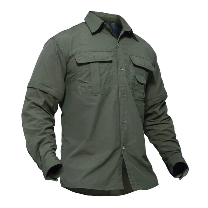 Versatile men's outdoor shirt with zip-off sleeves, ideal for backpacking, travel, and adventure activities.