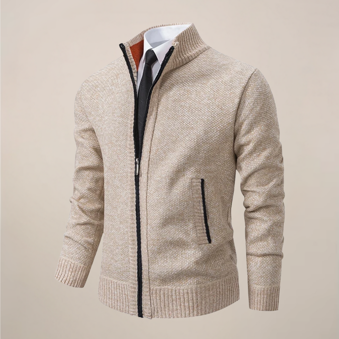 Men's zip-up stand collar cardigan in a classic style for smart casual layering and versatile mens fashion.