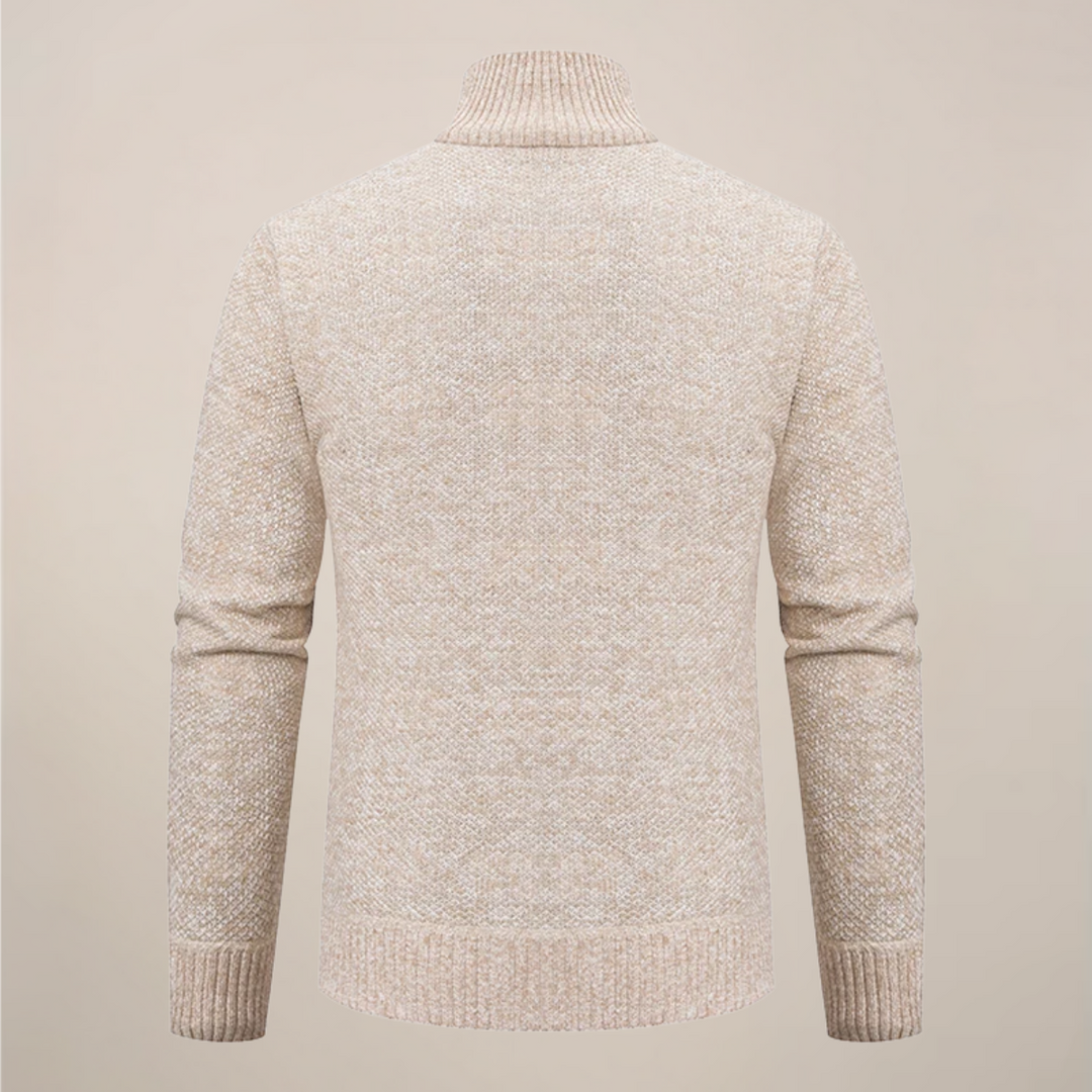 Close-up of men's stand collar zip-up cardigan, highlighting the detailed texture and quality stitching.