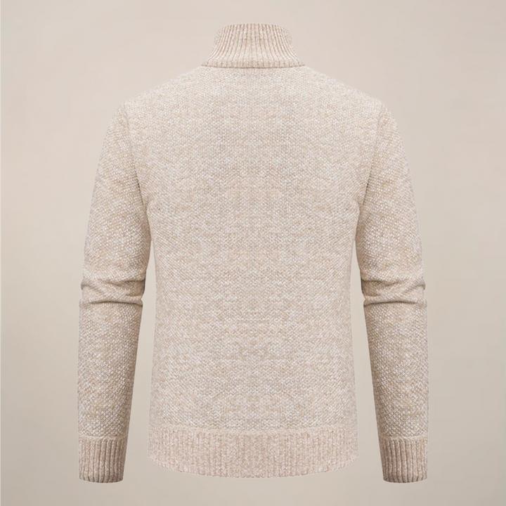 Close-up of men's stand collar zip-up cardigan, highlighting the detailed texture and quality stitching.