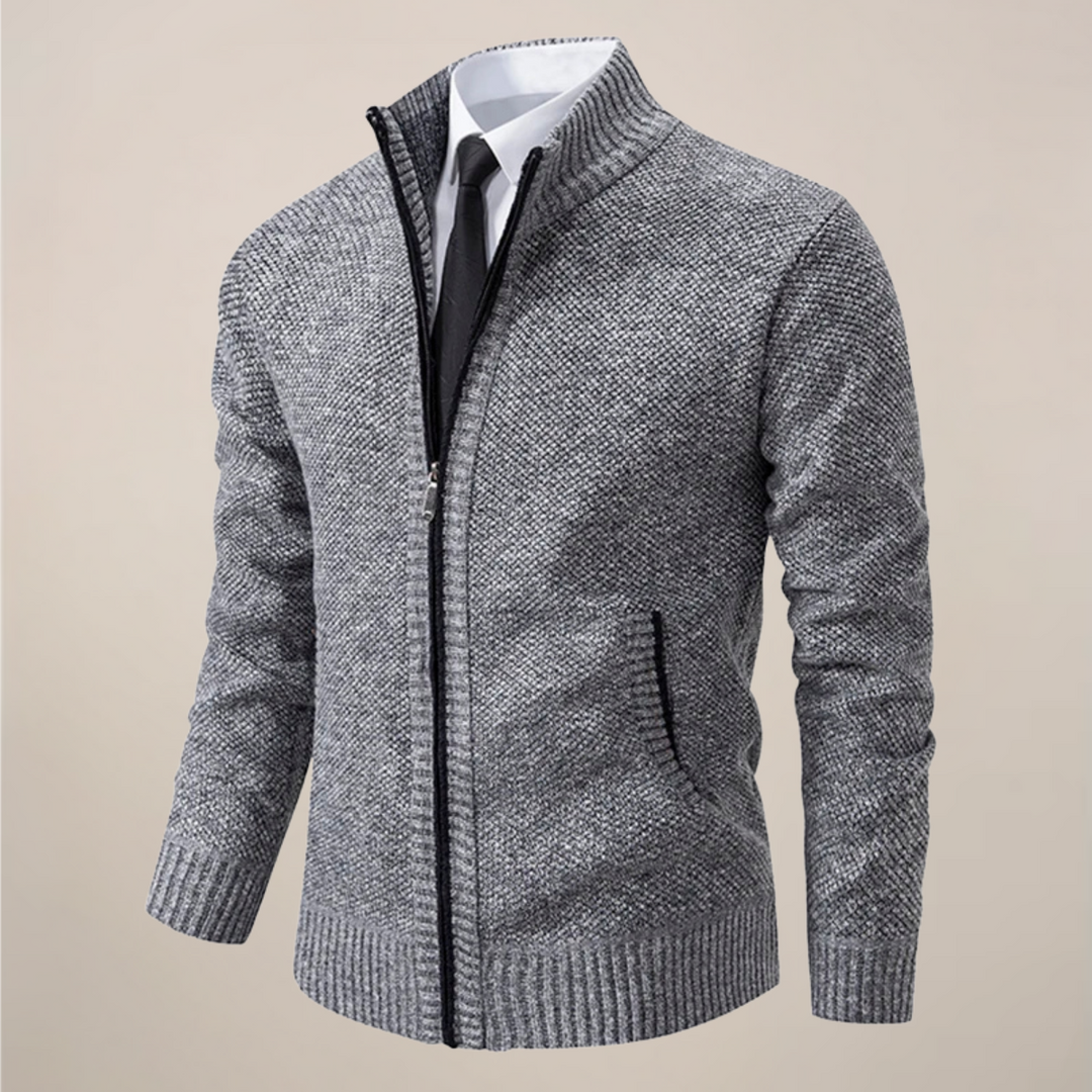 Stylish men's cardigan with a zip-up front and stand collar, perfect for versatile outerwear and smart casual looks.