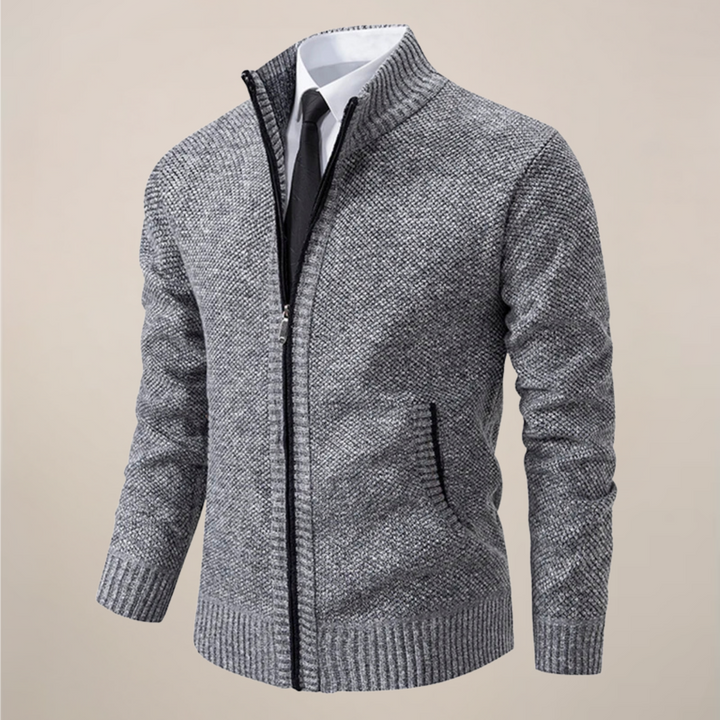 Stylish men's cardigan with a zip-up front and stand collar, perfect for versatile outerwear and smart casual looks.