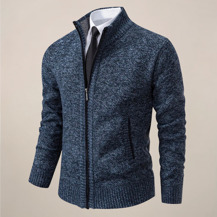 Effortless men's fashion: a zip-up stand collar cardigan, ideal for layering or as a smart casual outerwear piece.