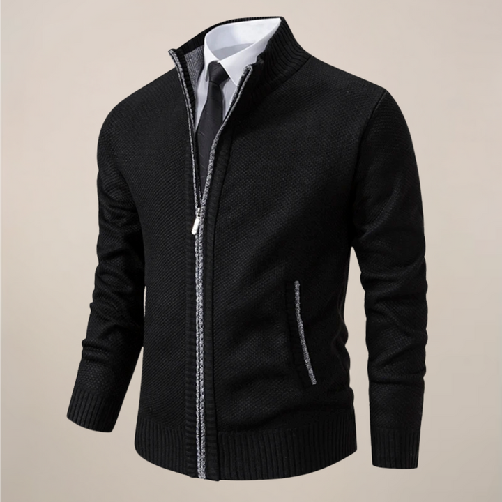 Dark gray men's zip-up cardigan, featuring a chic stand collar; a versatile classic style for modern mens fashion.