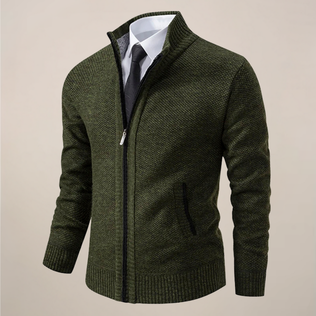 Model wearing a men's stand collar zip-up cardigan, showcasing its comfortable fit and smart casual appeal.