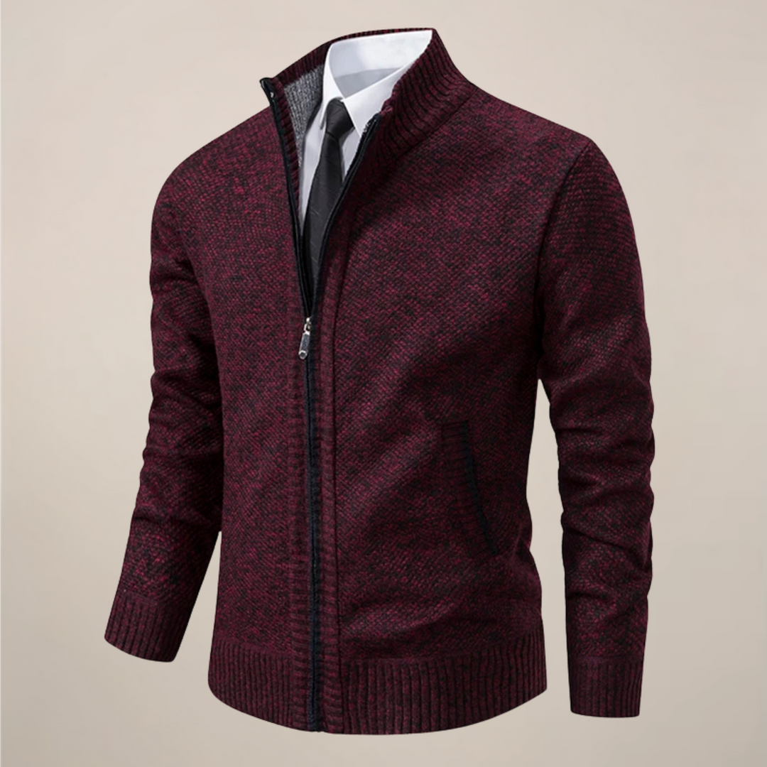 Detail shot of the sturdy zipper and structured stand collar on a men's versatile layering cardigan.