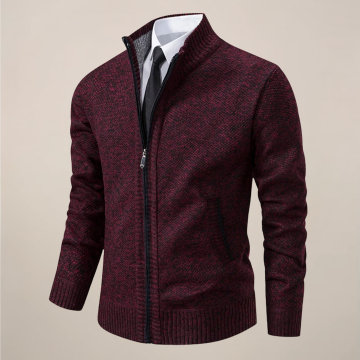 Detail shot of the sturdy zipper and structured stand collar on a men's versatile layering cardigan.