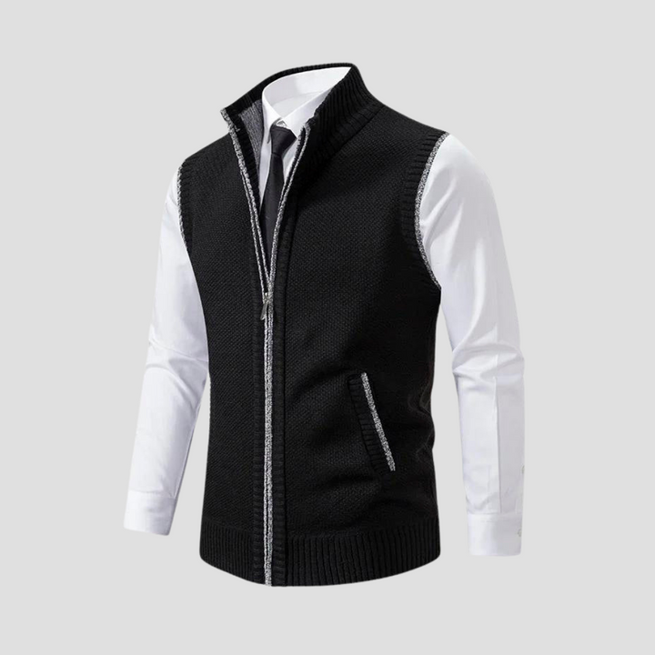 Stylish men's knitted zip gilet, perfect smart casual outerwear for layering in any season.
